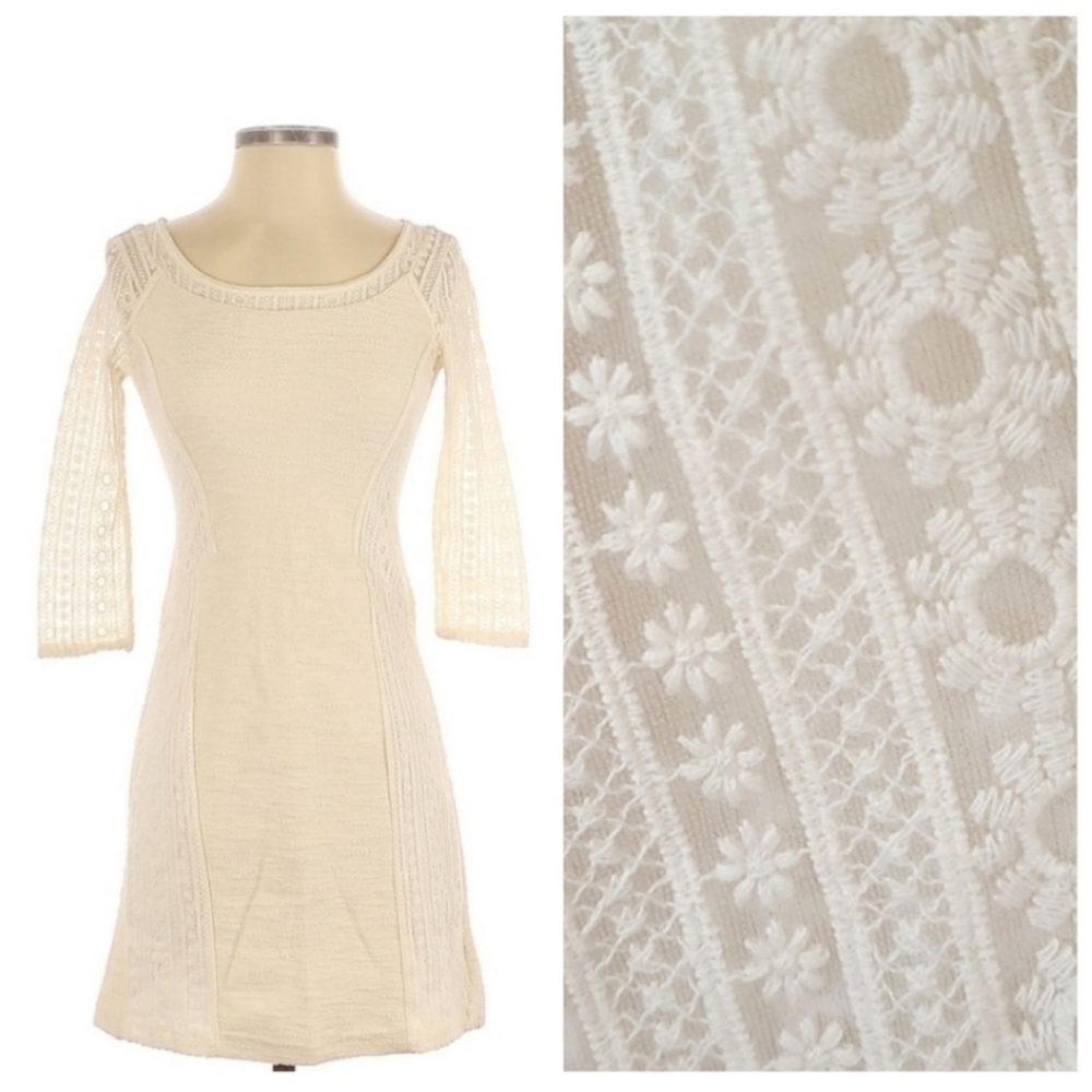 ANTHROPOLOGIE BORDEAUX Ivory Floral Crochet Eyelet Cream Mini Cocktail Dress